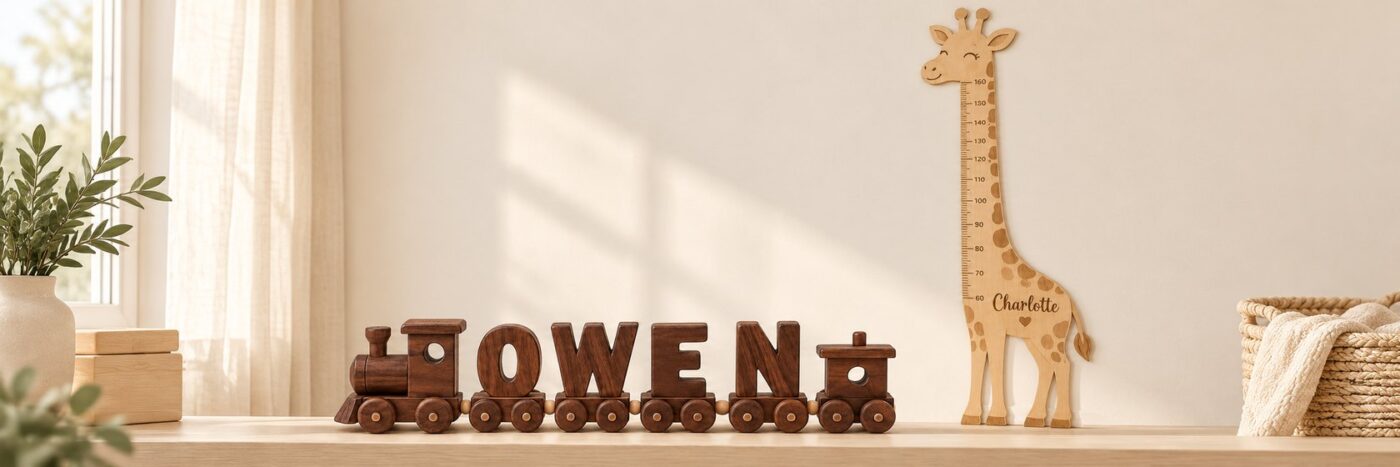 OWEN name train and Charlotte giraffe growth chart in a nursery