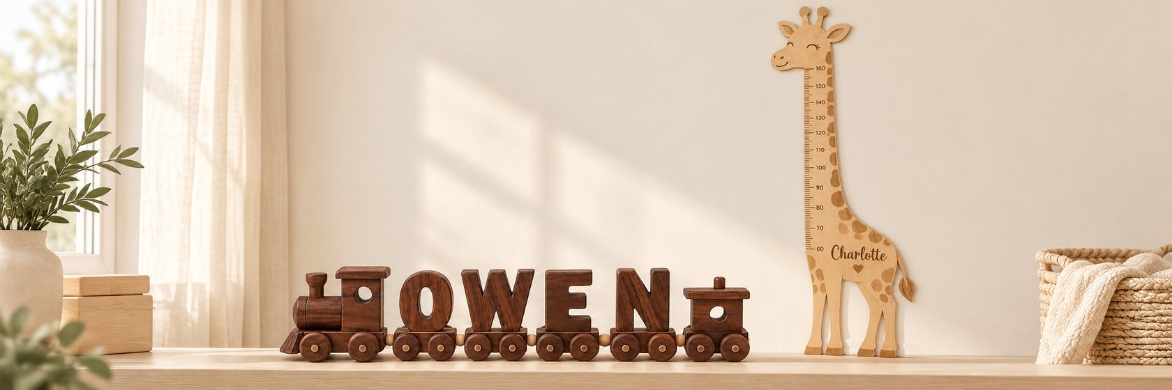 OWEN name train and Charlotte giraffe growth chart in a nursery