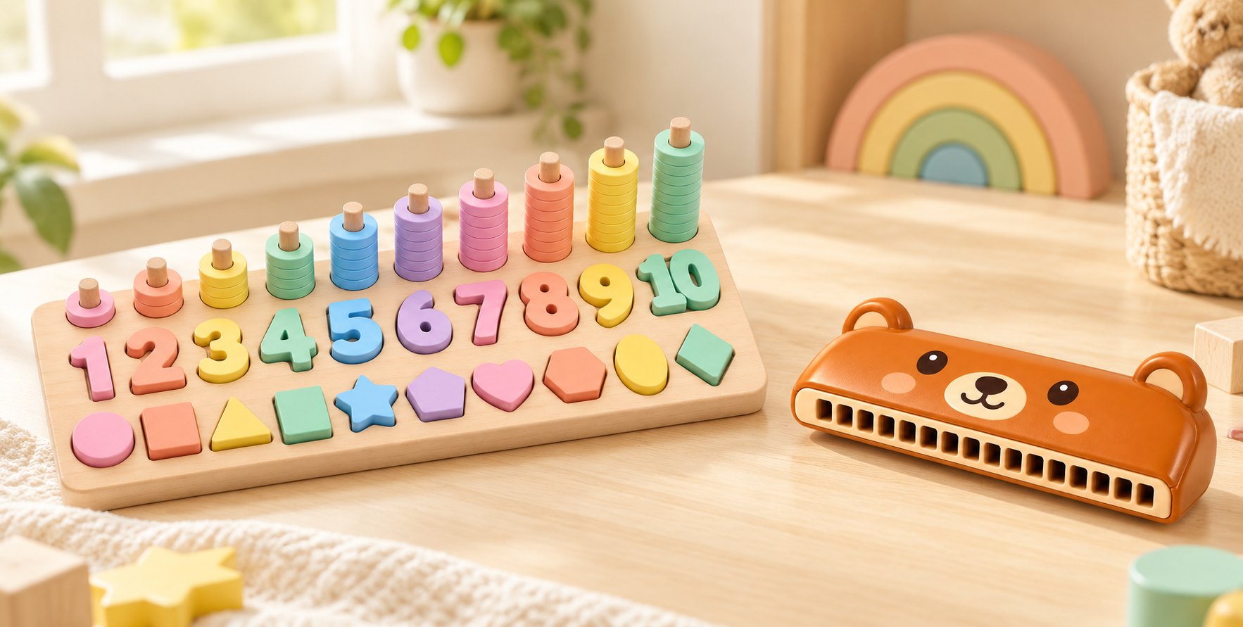 Pastel number sorting board and bear harmonica