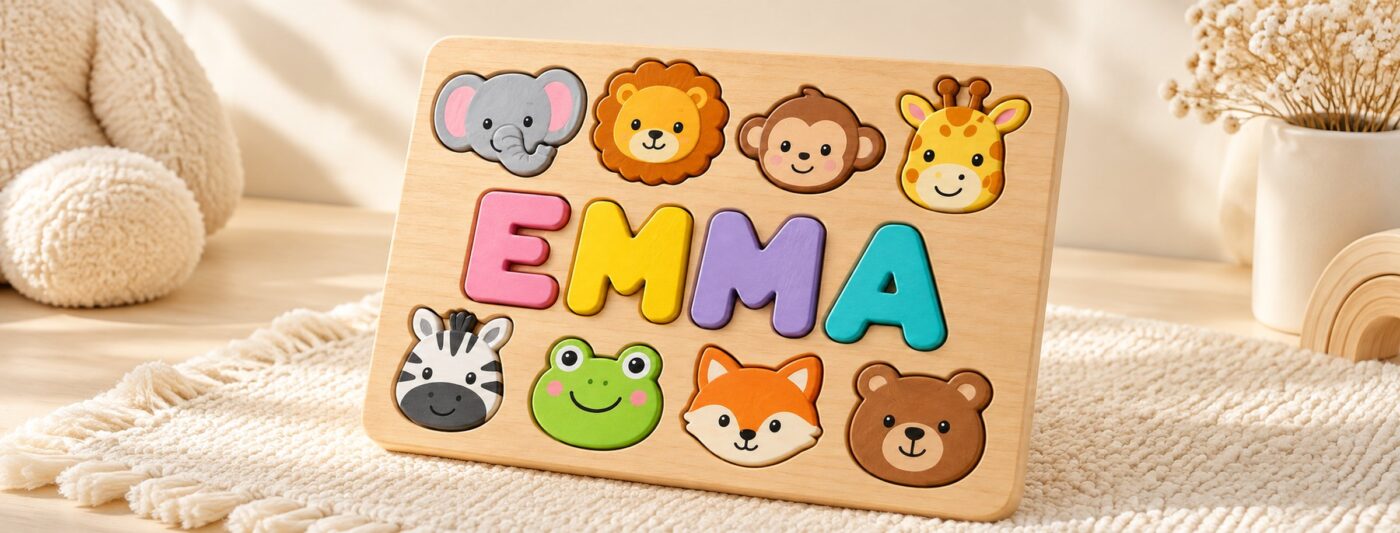 EMMA name puzzle with colorful letters and animal faces