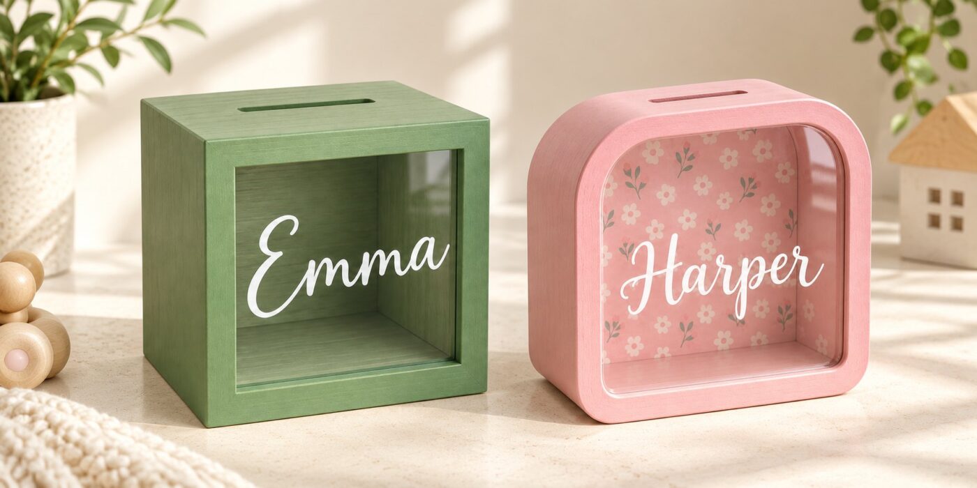 Personalized savings banks in green and pink
