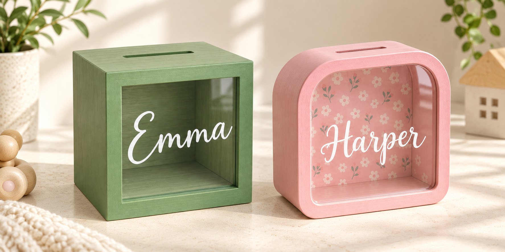 Personalized savings banks in green and pink