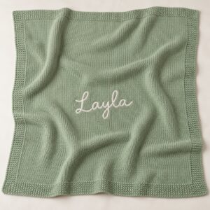 Sage green knit blanket embroidered Layla