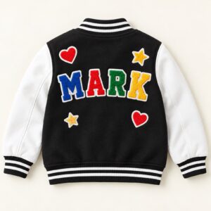 Black and white kids varsity jacket with MARK patches