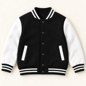 Front view of black kids varsity jacket with white sleeves