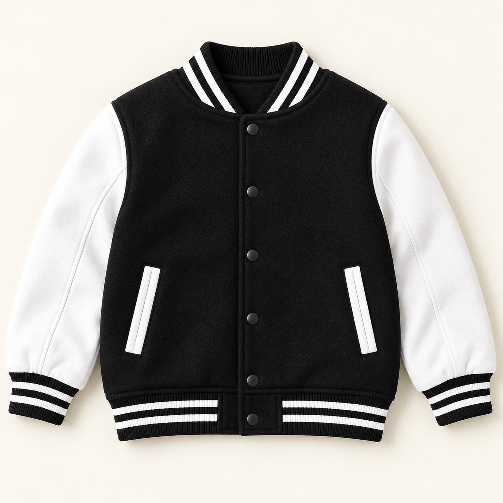 Front view of black kids varsity jacket with white sleeves