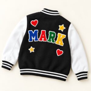 Back view of MARK varsity jacket with heart and star patches