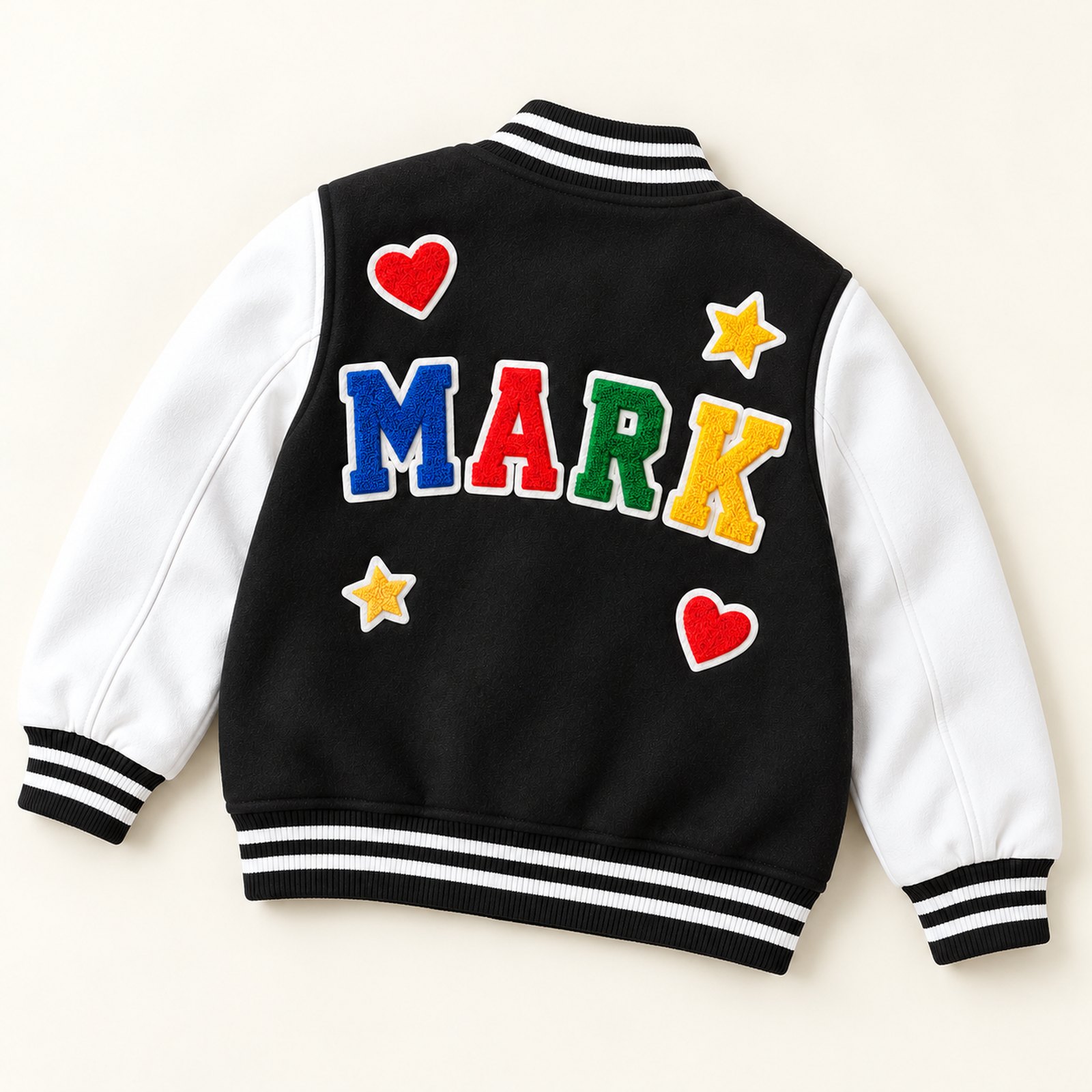 Back view of MARK varsity jacket with heart and star patches