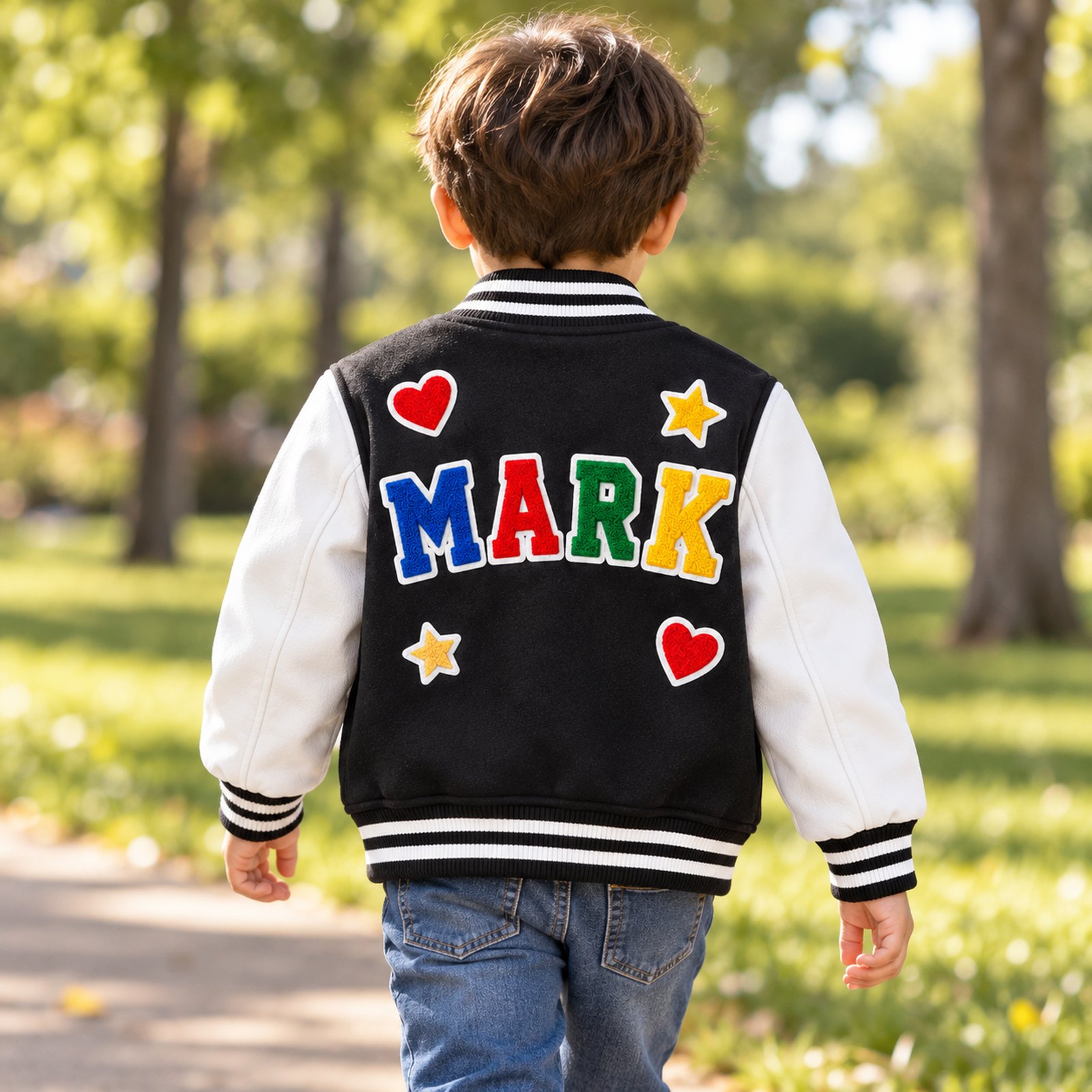 AI child wearing the MARK jacket viewed from behind