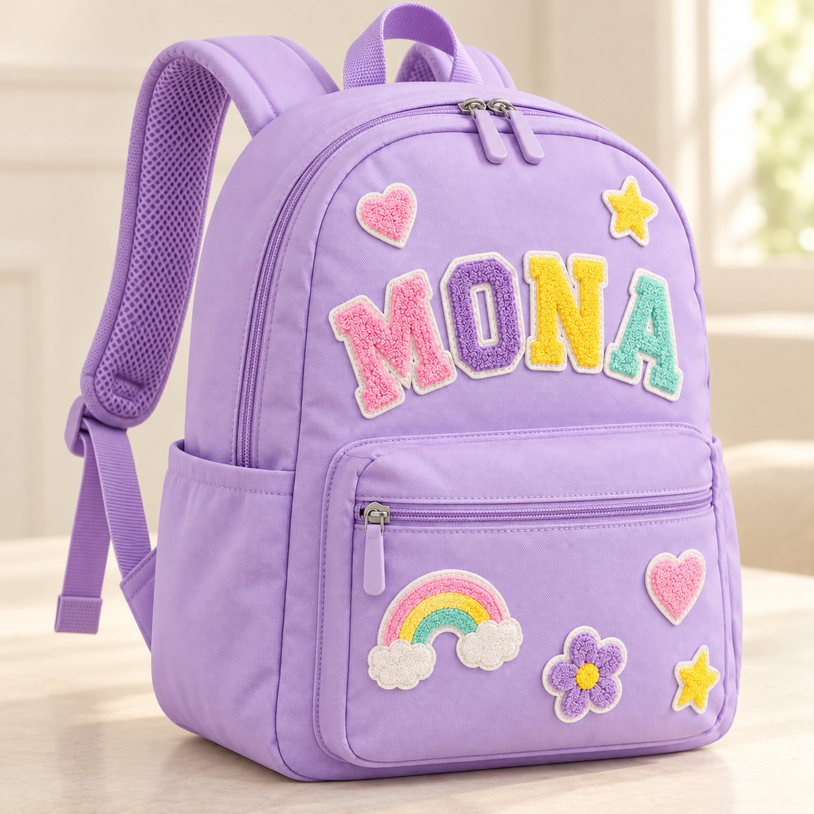 Angled view of MONA backpack and shoulder straps