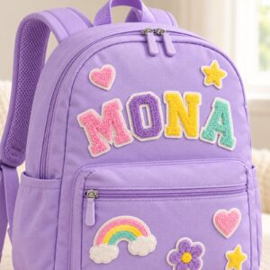 Close view of MONA patches and front pocket zipper