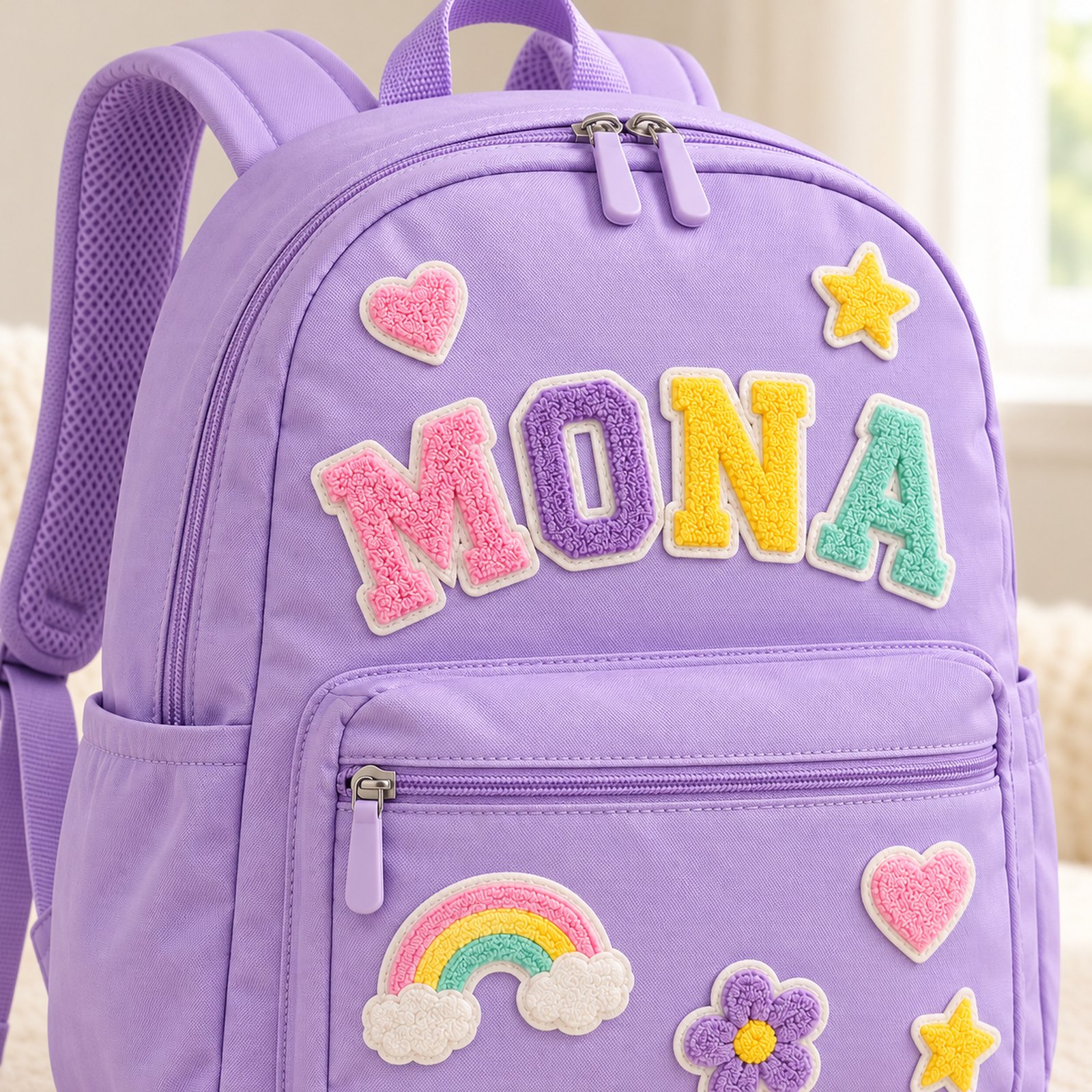 Close view of MONA patches and front pocket zipper