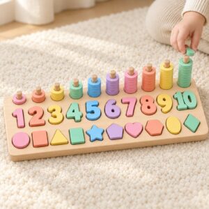 AI child hand placing a counting ring on a peg