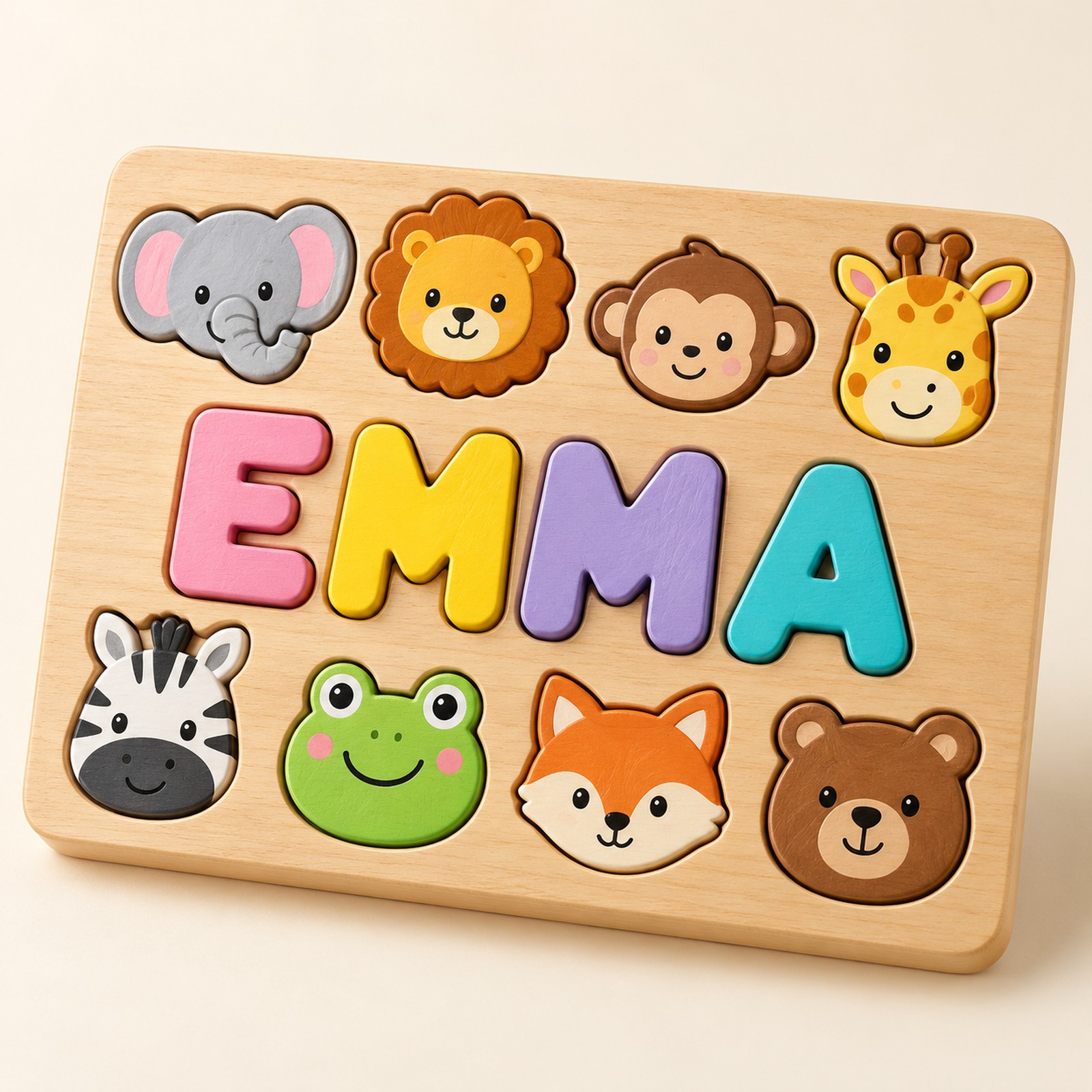 Personalized EMMA name puzzle with colorful letters and animal faces