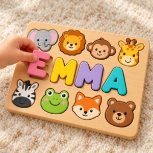 Child hand lifting the pink E from the EMMA name puzzle