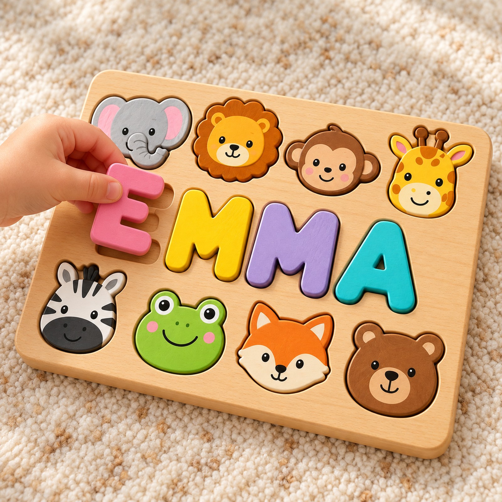 Child hand lifting the pink E from the EMMA name puzzle