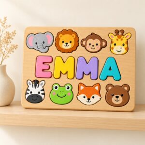 EMMA name puzzle displayed on a nursery shelf