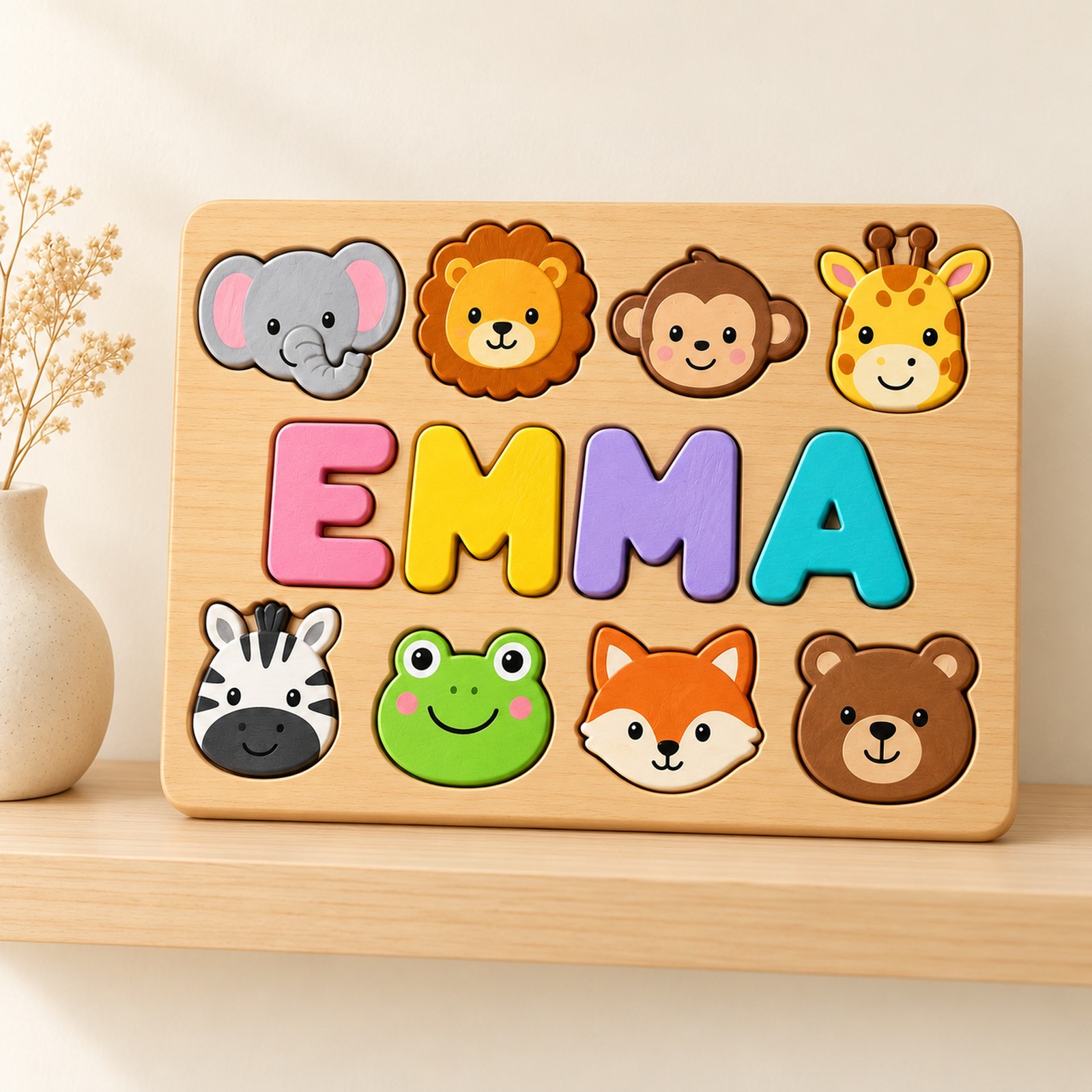 EMMA name puzzle displayed on a nursery shelf
