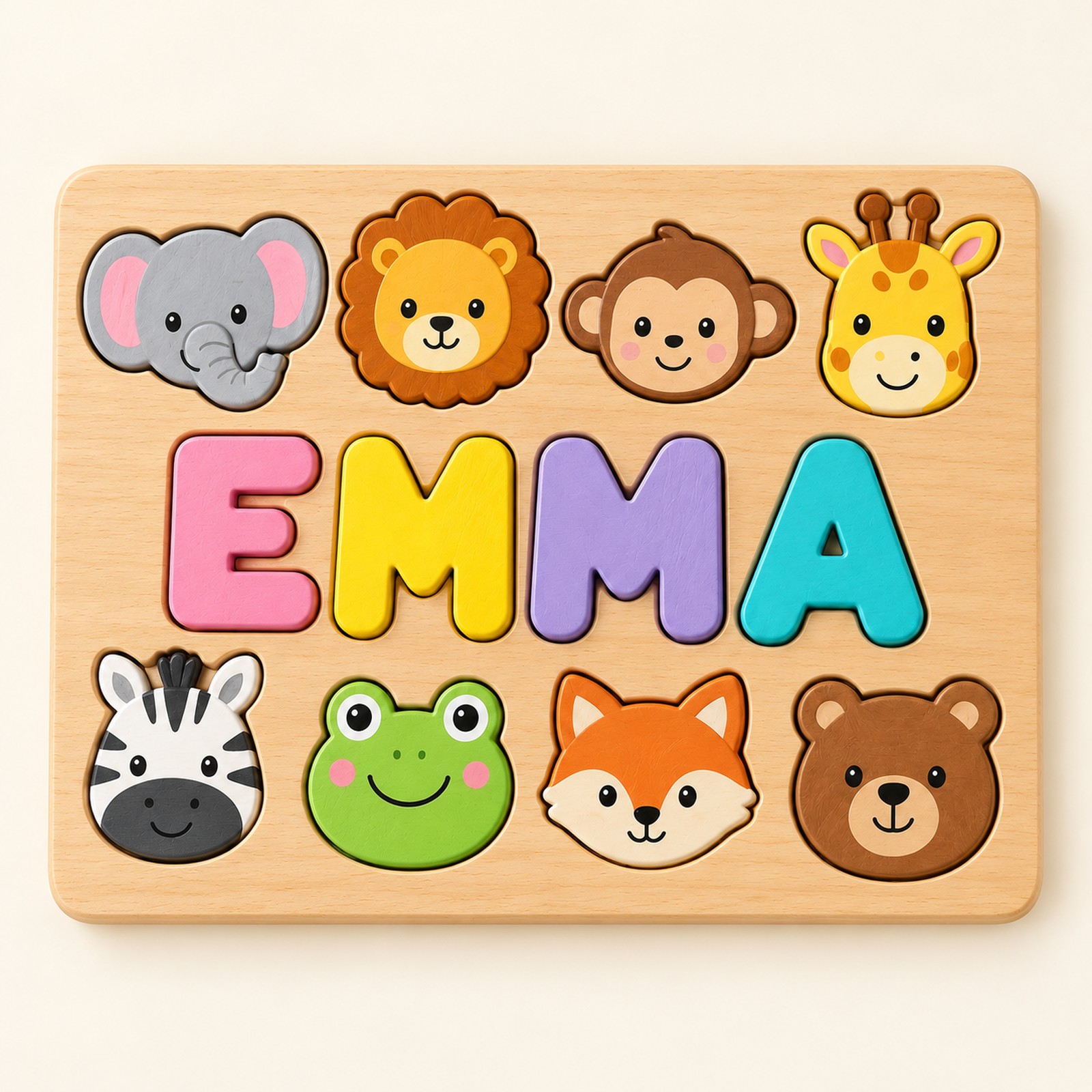 Overhead view of the complete EMMA animal name puzzle