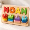 NOAH name stacking board with circle square triangle and pentagon blocks