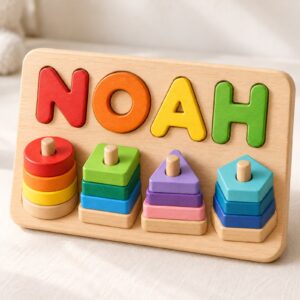 NOAH name stacking board with circle square triangle and pentagon blocks
