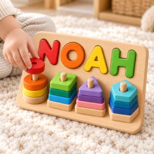 Child hand stacking a circular block on NOAH board