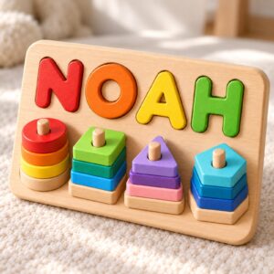 Close view of NOAH letters and shape stacks