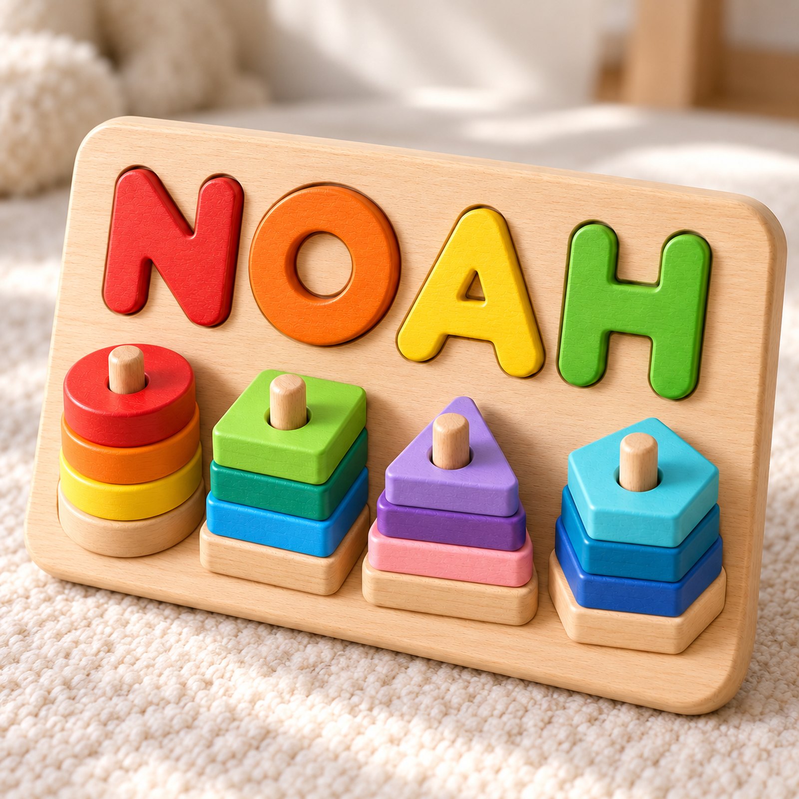 Close view of NOAH letters and shape stacks
