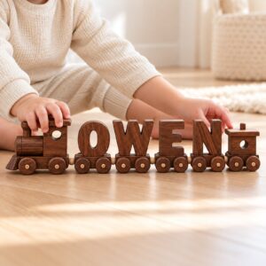 AI child playing with OWEN name train on the floor
