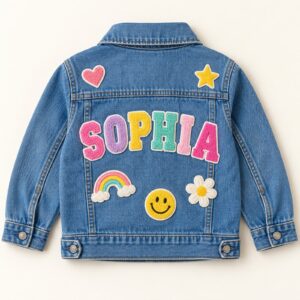 Blue kids jacket with SOPHIA patches on the back
