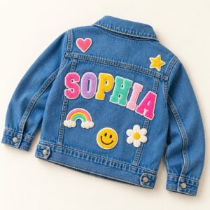 Back view of SOPHIA jacket with decorative patches