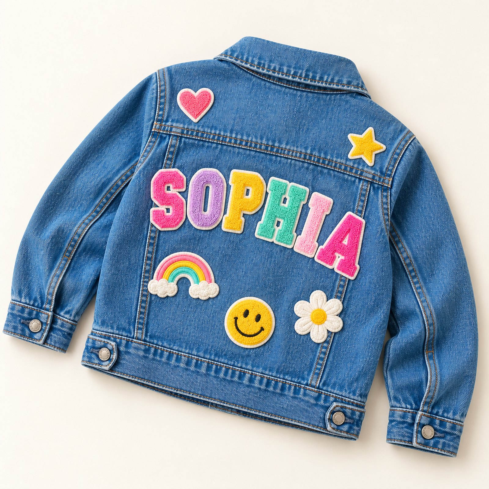 Back view of SOPHIA jacket with decorative patches