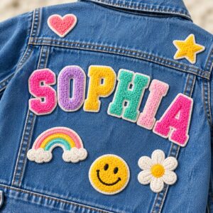 Close view of SOPHIA letter patches and stitching
