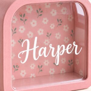 Close view of Harper name and floral rear panel