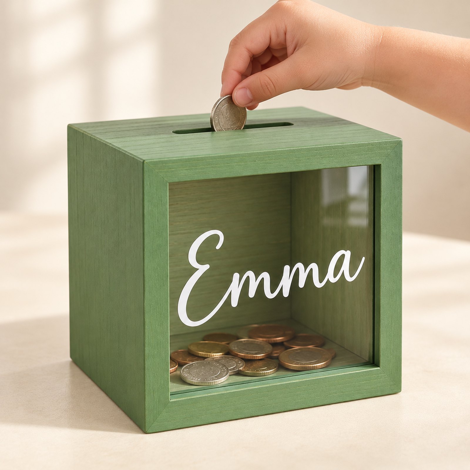 Child hand inserting a coin into the Emma bank